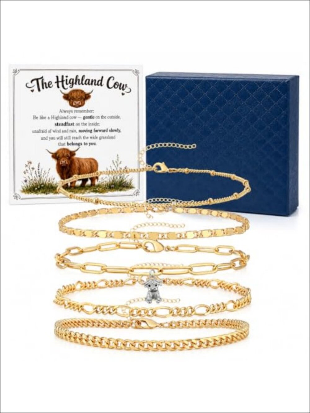 Highland Cow Bracelet Set 5 Pc Link Bracelets Adjustable Charm Gift for Women